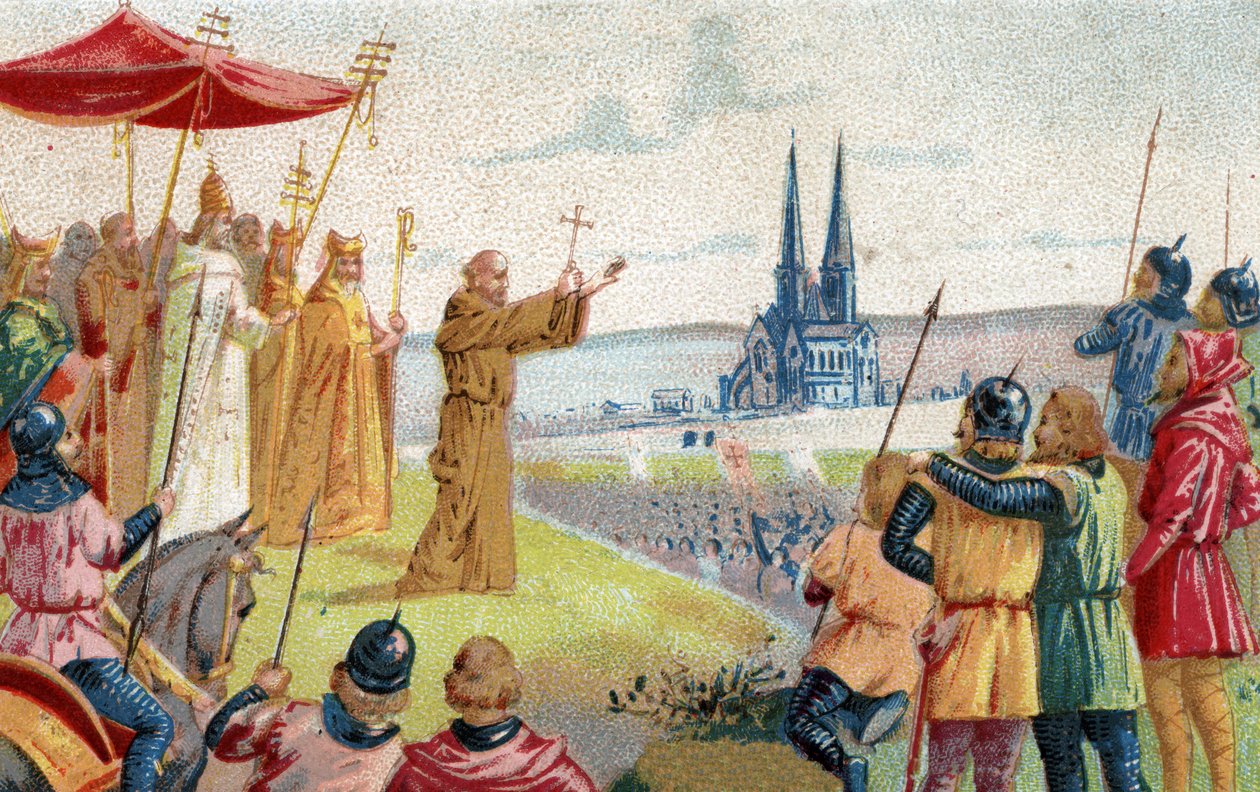 Deus o quer! Pedro, o Eremita, pregando a Cruzada (1095 - 1099) Cromolitografia do final do século XIX. de French School