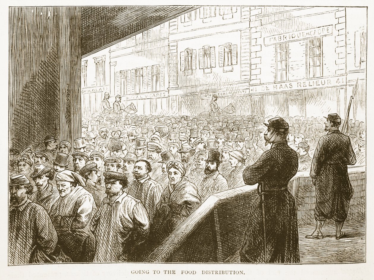 Indo para a distribuição de alimentos, ilustração da história de Cassells da guerra entre a França e a Alemanha, 1870-1871 de French School
