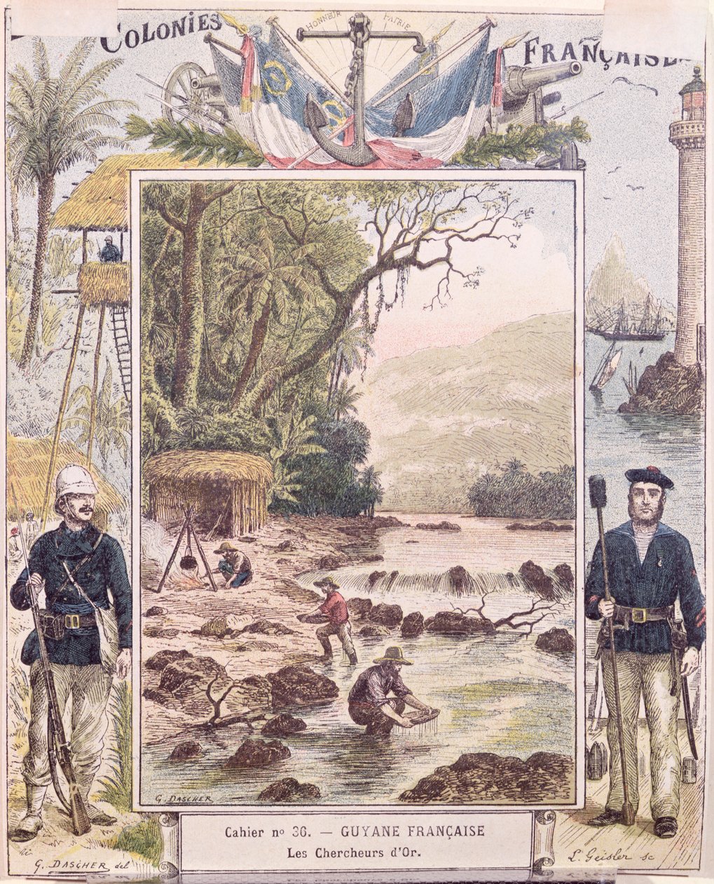 Escavadores de ouro na Guiana Francesa, capa do livro de exercícios da escola, c.1880 de French School
