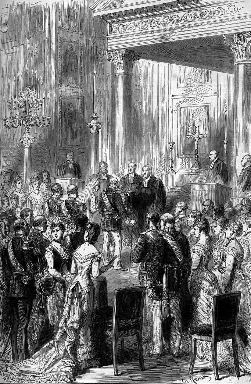 Casamento de Ouro do Imperador Alemão Guilherme I (1797-1888) e Impression Augusta (1811-1890): Cerimónia religiosa na Capela do Palácio Imperial em Berlim, em Junho de 1879. Gravura no "Le Monde Illustré" n°1162 de 5 de julho de 1879. de French School
