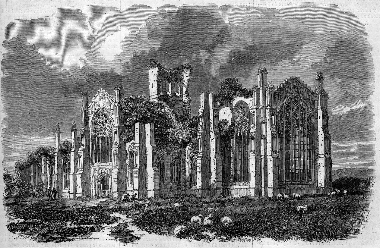 Arquitectura gótica: vista das ruínas da Abadia de Melrose (século XII), Escócia de French School
