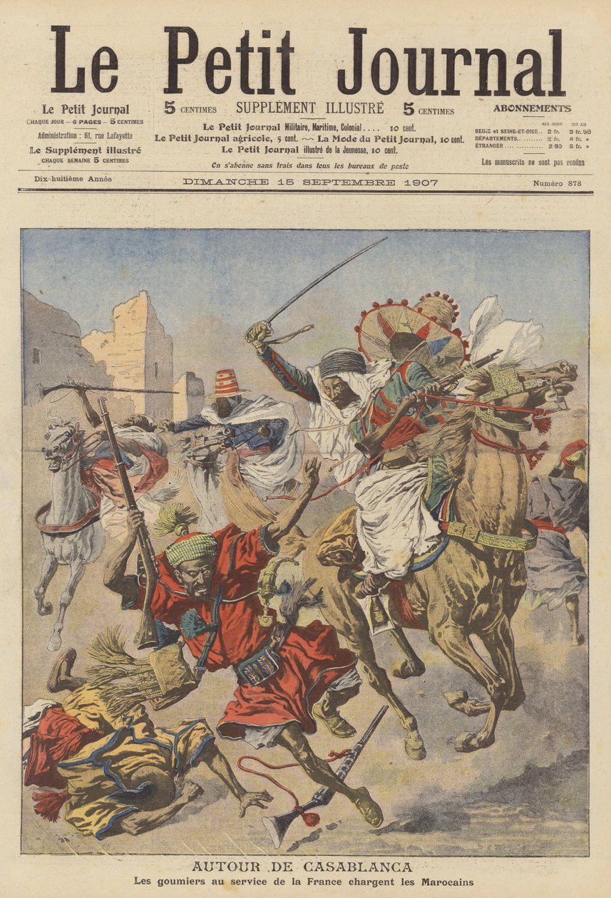 Goumiers atacando marroquinos perto de Casablanca (litografia a cores) de French School