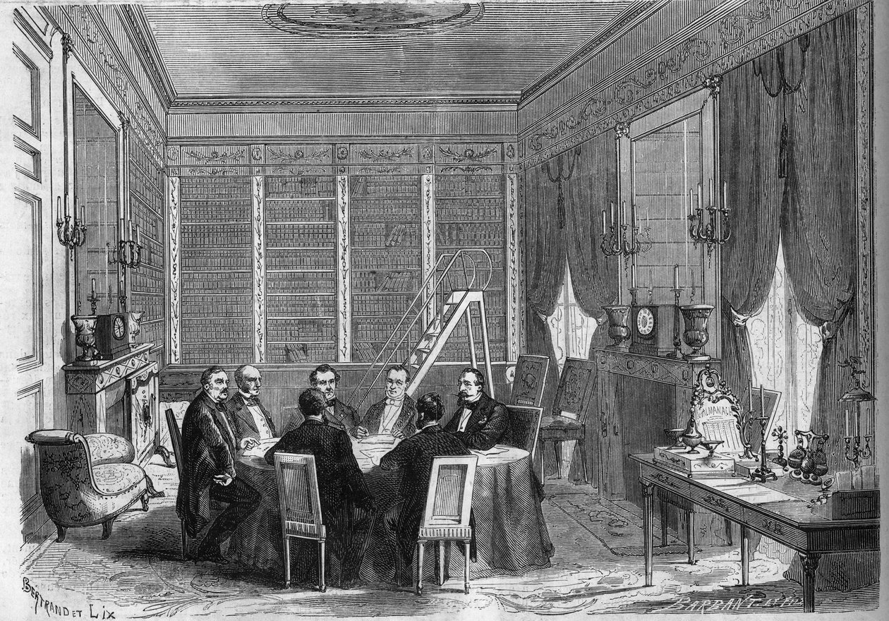 O Governo do Segundo Império: Conselho de Ministros presidido pelo Imperador Napoleão III (1808-1873) realizado na biblioteca do Palácio de Compiègne de French School