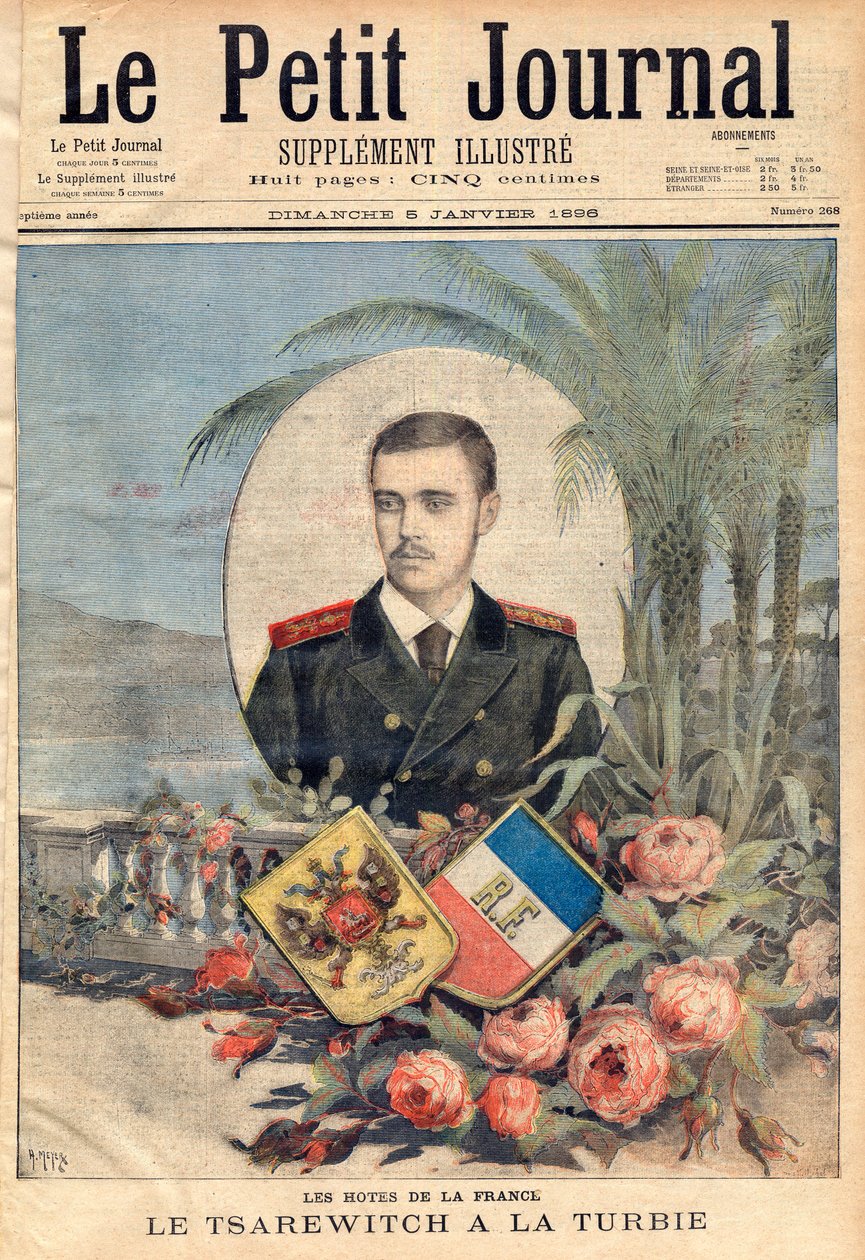 Grão-Duque e czarevitch russo George Alexandrovich, irmão do czar Nicholas II em visita a La Turbie, França, "le Petit Journal", 5 de janeiro de 1896 (gravura) de French School