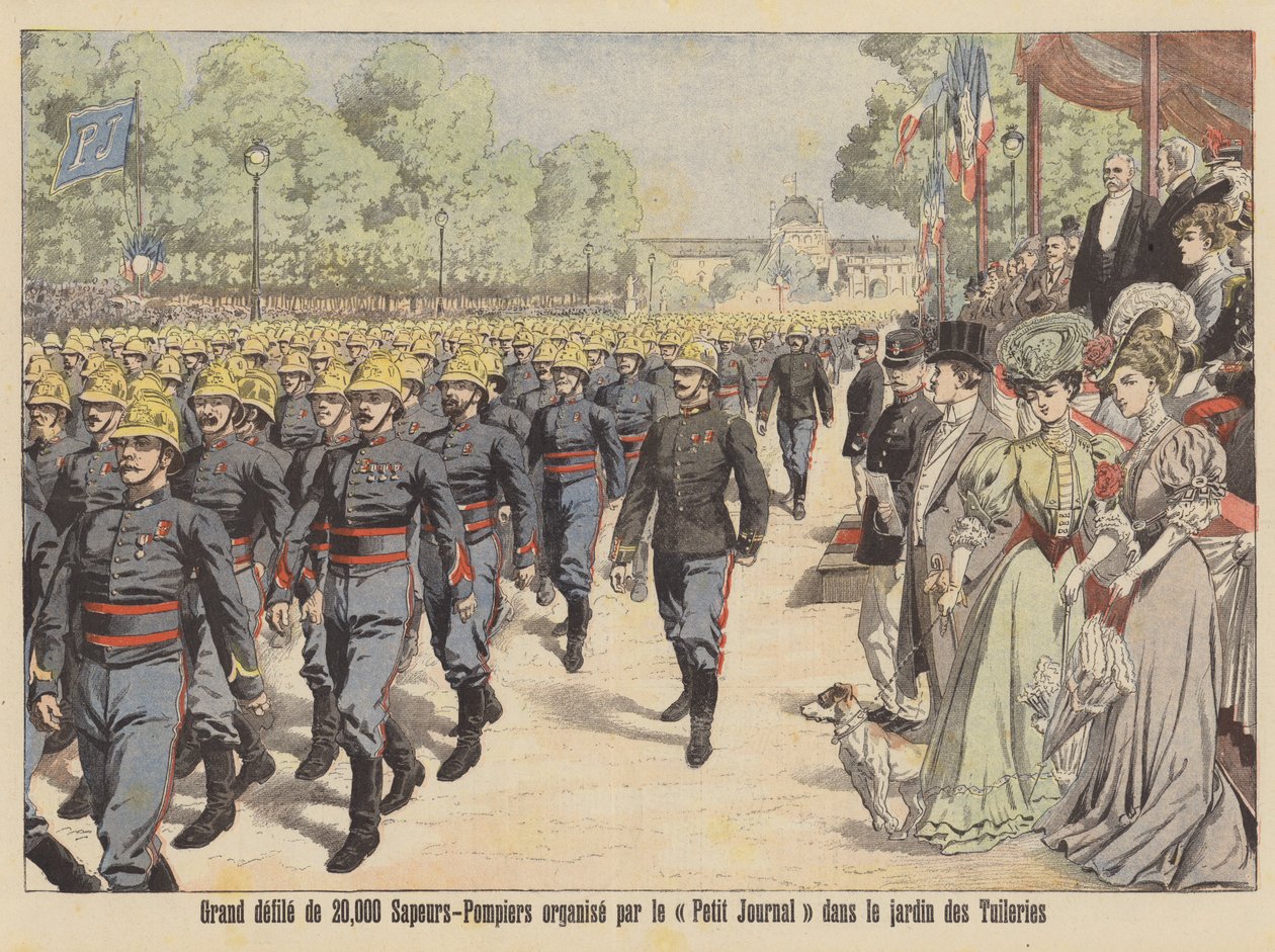 Grande desfile de 20 000 bombeiros no Jardin des Tuileries em Paris (litografia a cores) de French School