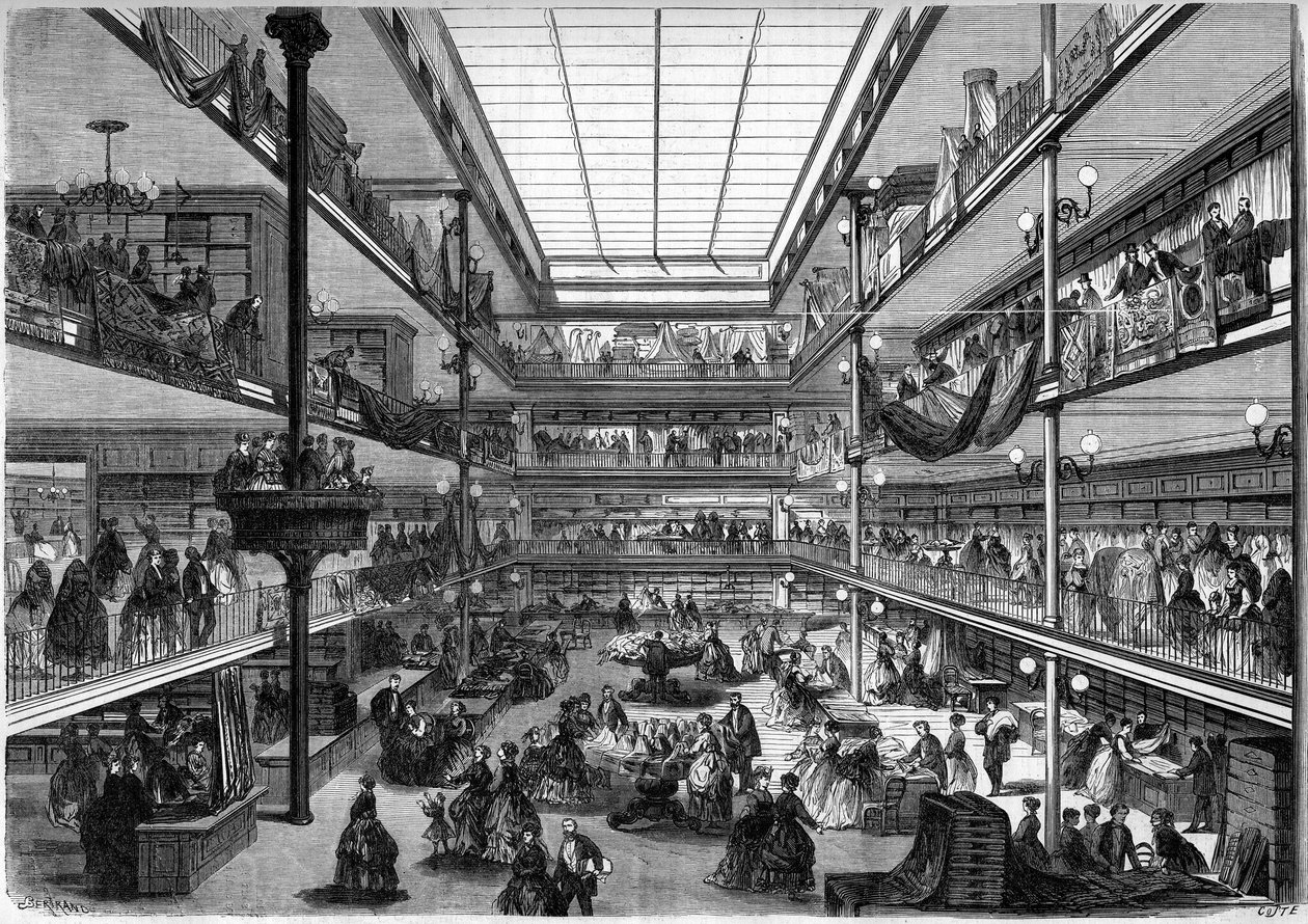 Grandes armazéns parisienses; vista interior das lojas Ville de Saint Denis, rue du Faubourg Saint Honore, Paris de French School
