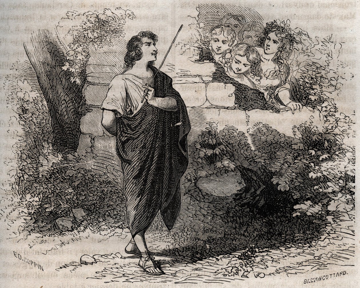 Mitologia grega: Bacchis e seus amigos tentam seduzir Gyges que se recusa e permanece fiel à sua falecida esposa. Gravura de 1871 em "Histoire Des Cocuses Celebres" de Henry de Kock (1819-1892). de French School