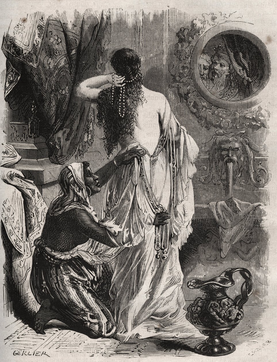 Mitologia grega: o rei de Lydie Candaule (ou Caudale) mostra a sua mulher nua ao seu confidente Gyges, esconde-se nas sombras quando ela se abre no quarto. Gravura de 1871 em "Histoire Des Cocus Celebres" de Henry de Kock (1819-1892). de French School