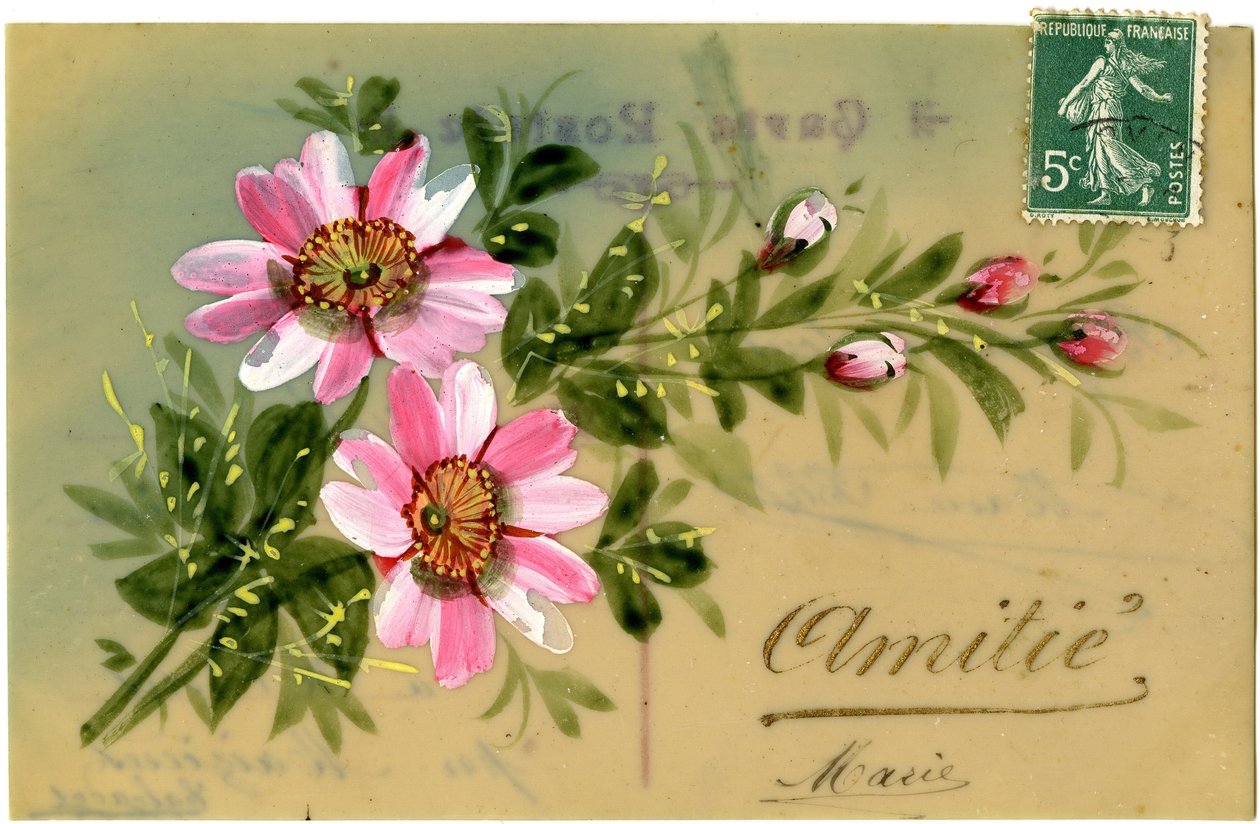 Saudações com planta floral. Cartão postal do início do século XX. de French School