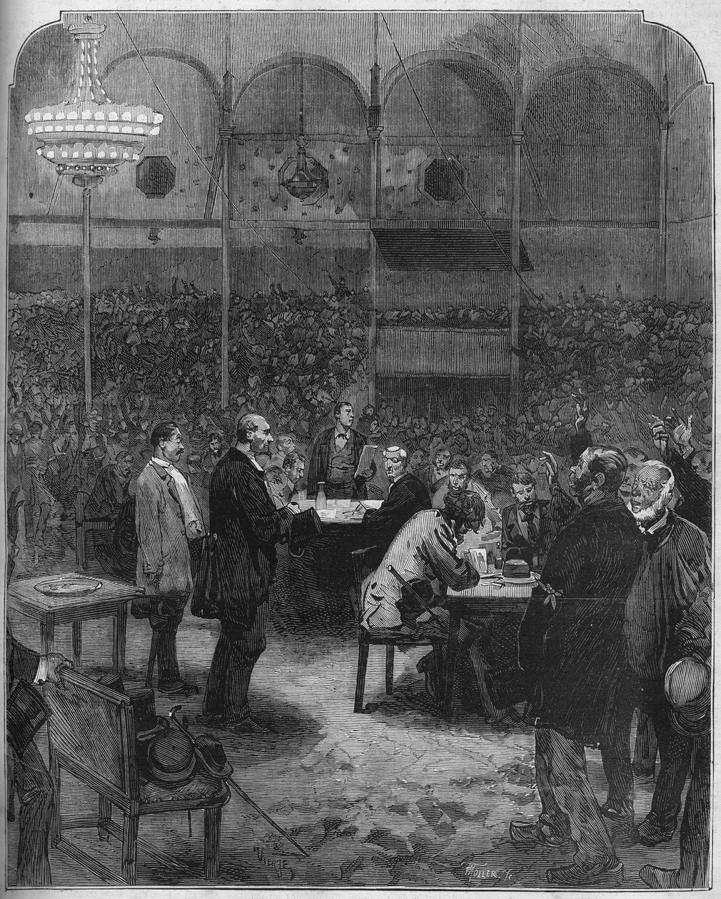 Greve des cochers de charres de Paris em 1878: eleição de delegados para a companhia de Petites Cars (Petite-Cars) no circo Fernando. Gravura no "Le Monde Illustré" n°1116 de 17 de Agosto de 1878. de French School