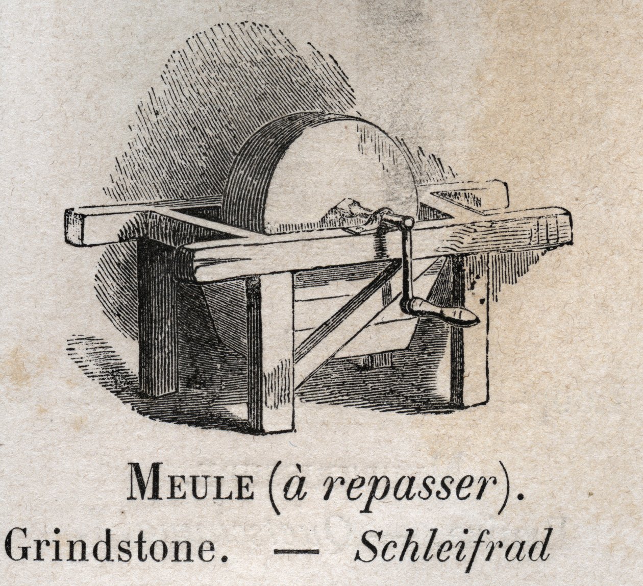 Grindstone em "o vocabulário ilustra palavras comuns" por Armand Le-Brun. 1890 de French School