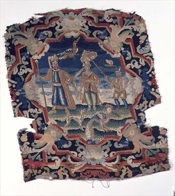 Gros point and petit point seat cover of three Eastern European figures and birds, mid-18th century (detalhe) de French School