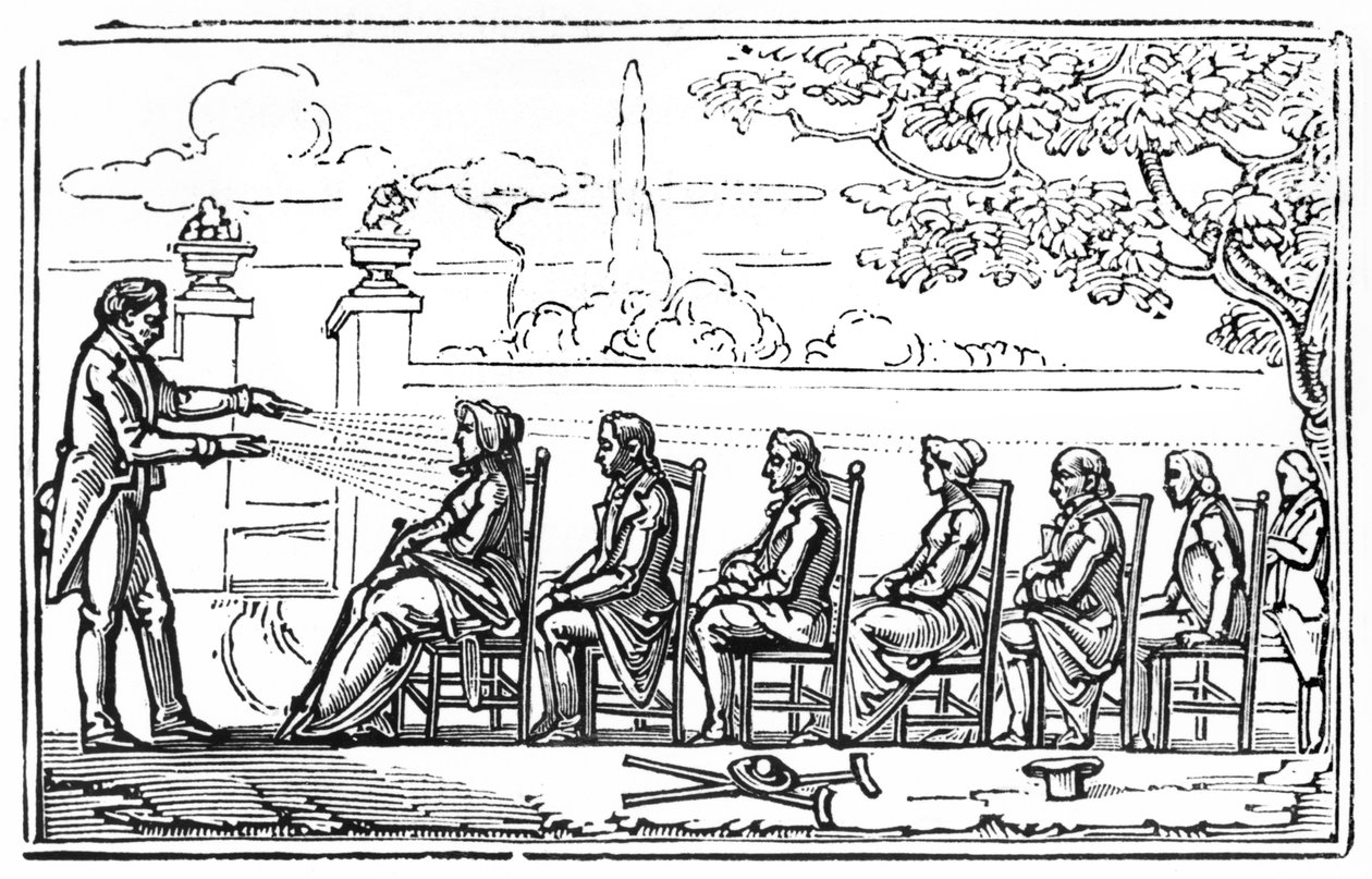 Grupo de terapia magnética, ilustração de Magnetic Therapeutics por Baron du Potet, 1863 de French School