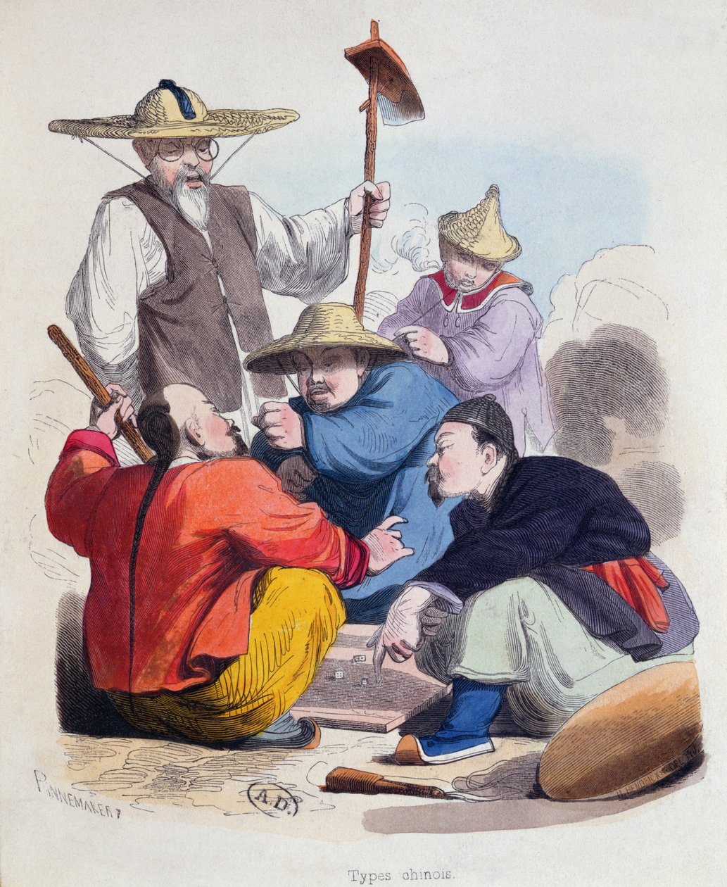 Grupo de homens chineses jogando dados, c.1850 (gravura de cor) de French School