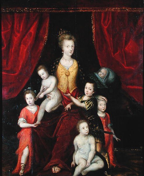 Retrato de grupo, possivelmente de uma rainha com seus seis filhos, no final do século 16 ou início do século 17 (óleo sobre tela) de French School