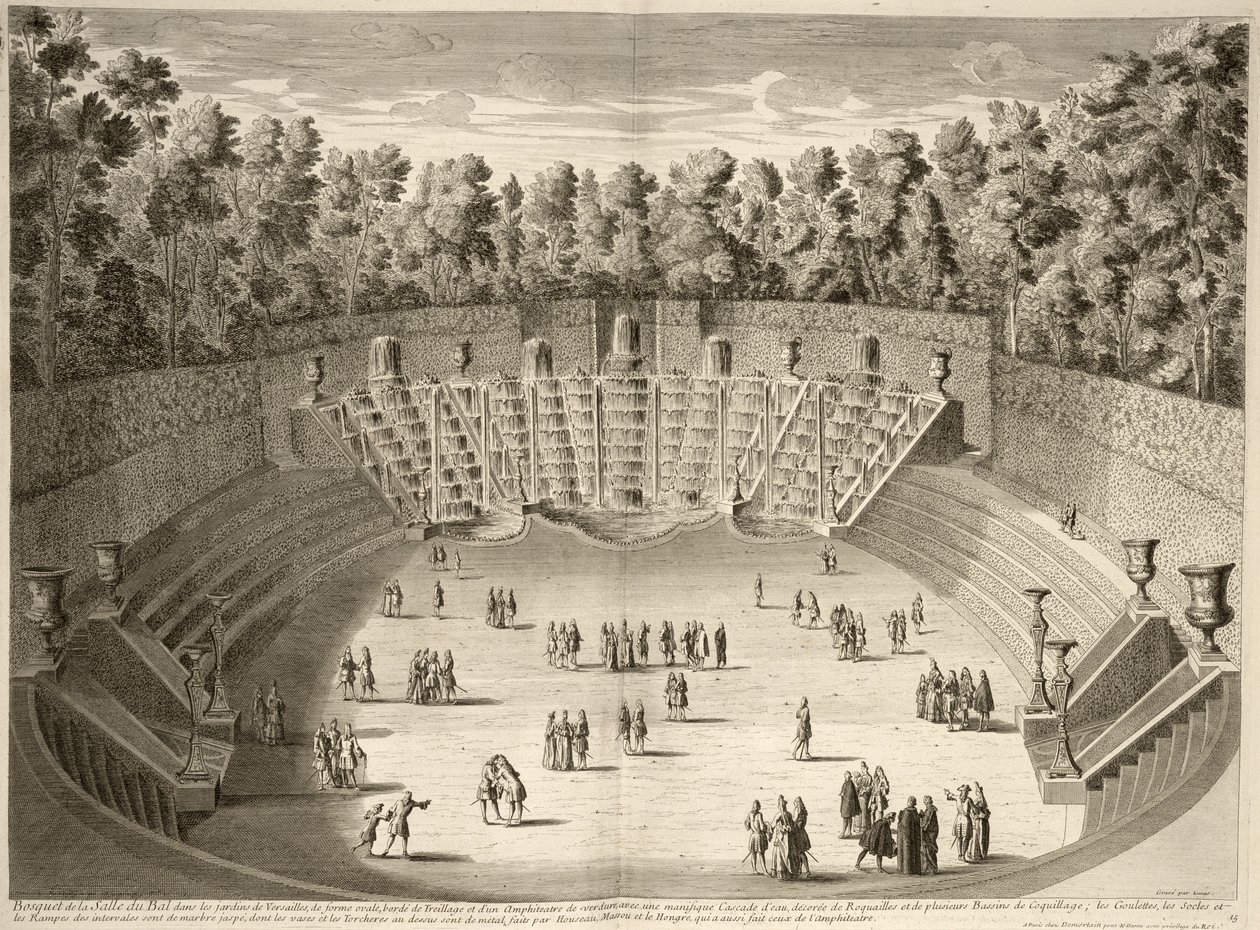 Bosque do salão de baile, Versalhes, de Les Plans, perfis e elevações da cidade e Palácio de Versalhes, gravado por Lucas, publicado c.1715 de French School