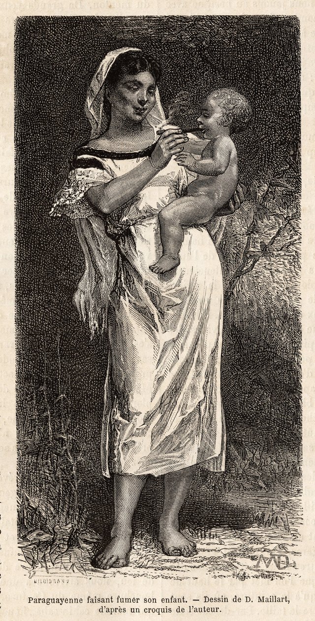 Mulher Guaranie fumando o charuto para seu filho, montada no quadril, para tentar apaziguar seus gritos, gravando depois do desenho de D.Maillart, ilustrando a viagem ao Paraguai em 1872-1873, de L.Forgues, publicado em "Le tour du monde" 1874, editado por de French School
