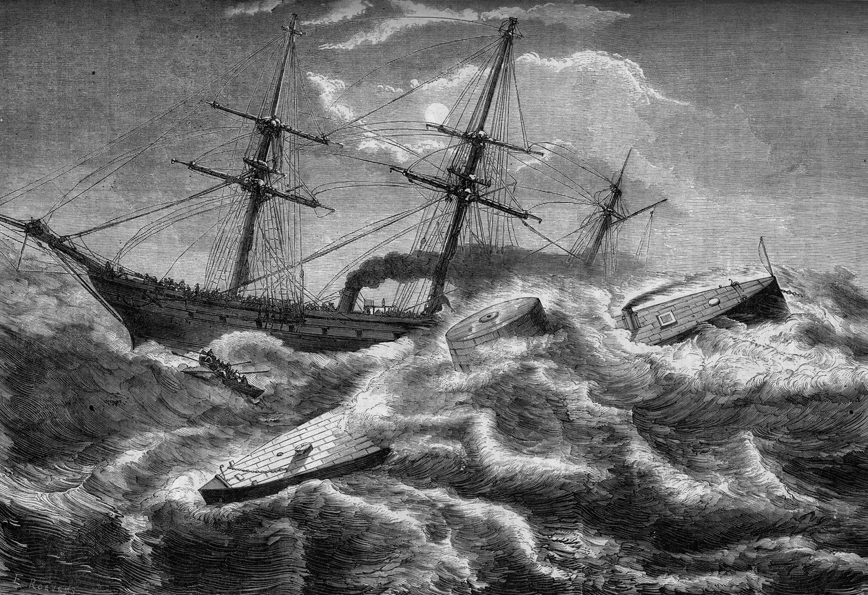 Guerra de secessão ou guerra civil americana (1861 - 1865) : afundamento do "Monitor", um navio de guerra do exército federal, em 31 de dezembro de 1862, em Welmington (Carolina do Sul). Gravura em "Le Monde Illustre" n°304 de 7 de janeiro de 1863. de French School