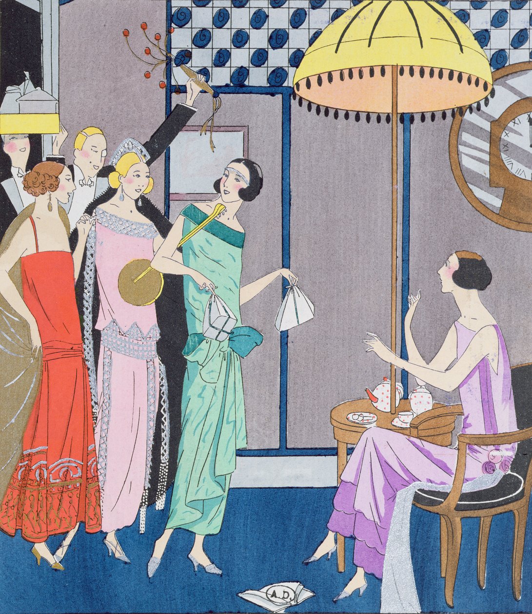 Convidados que chegam para a véspera do ano novo, placa da forma da arte, gota, Beaute, 1923 de French School