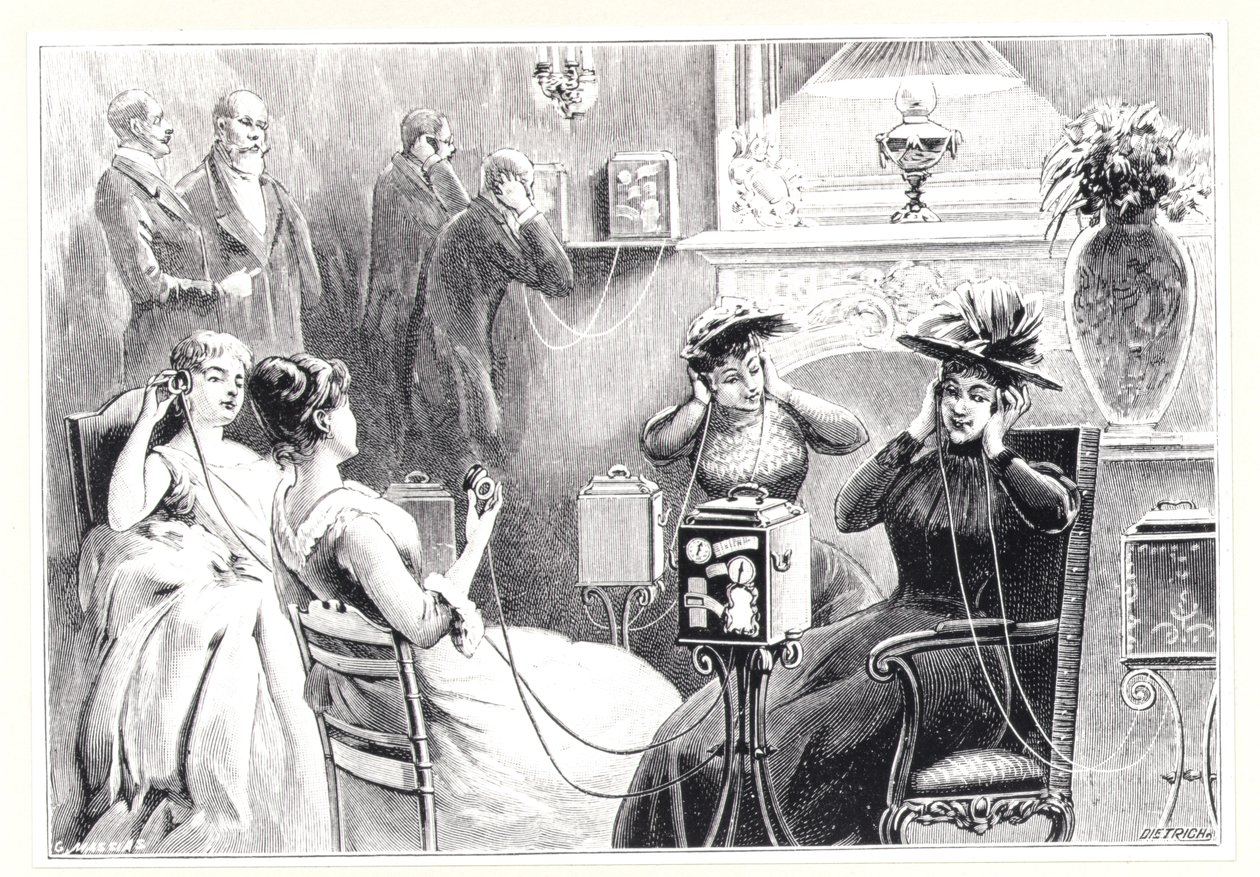 Convidados em um hotel de Paris ouvindo relés diretos para apresentações de ópera ou teatro em Marinovitchs e Szarvadys Theatrophone, de La Nature, publicado em 1892 de French School