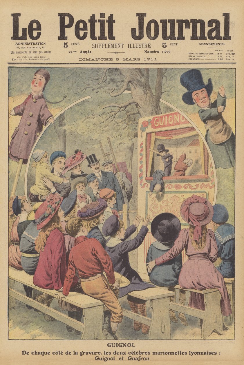 Guignol e Gnafron, famosas marionetas francesas de um espetáculo de Lyon (litografia a cores) de French School