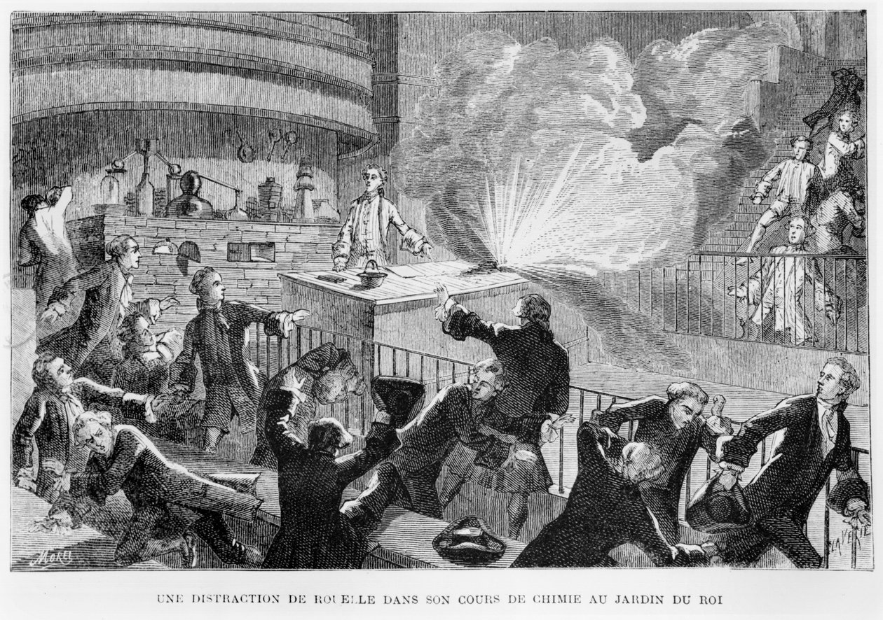 Guillaume François Rouelle (1703-70), dando aula no Jardin du Roy, ilustração de The Life of Illustrious Scientists, de Louis Figuier, Paris, publicada em 1872 de French School