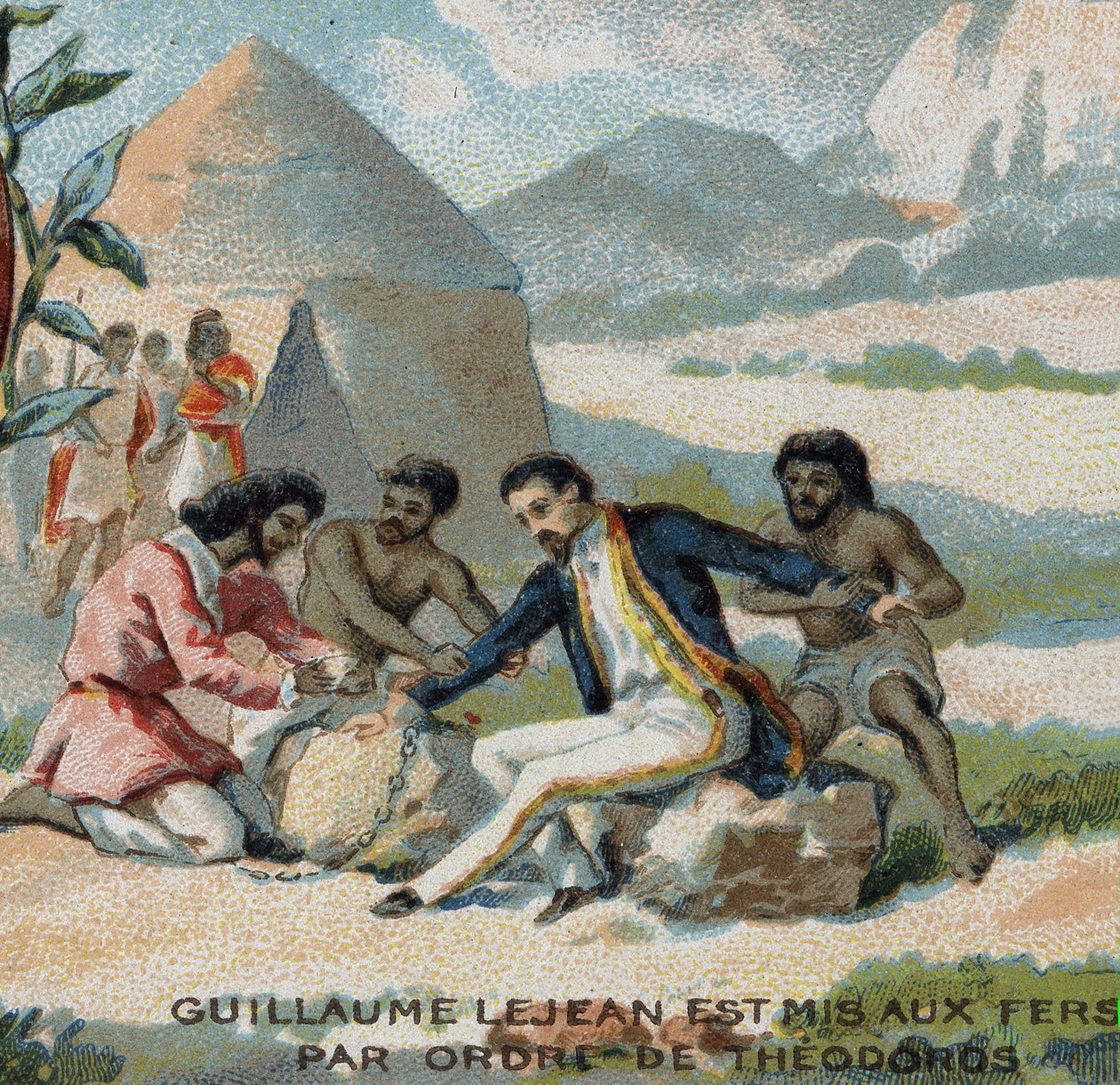Guillaume Lejean, um explorador francês, foi colocado em grilhões por ordem do Imperador Theodoros da Abissínia (atual Etiópia). Cromolitografia do século XIX. de French School