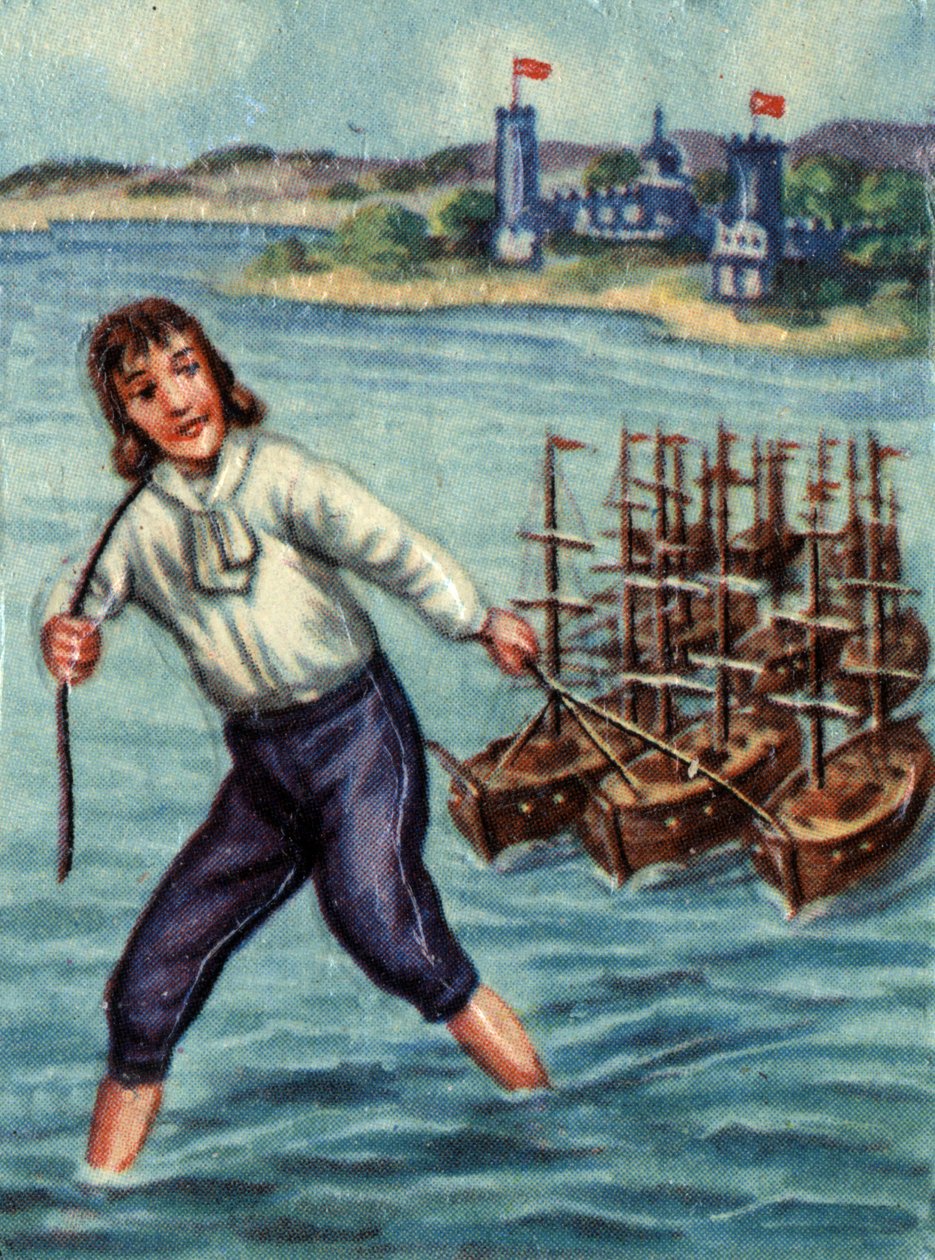 Gulliver dispara navios inimigos em direcção ao porto de Lilliput. Ilustração para a história "Gulliver
