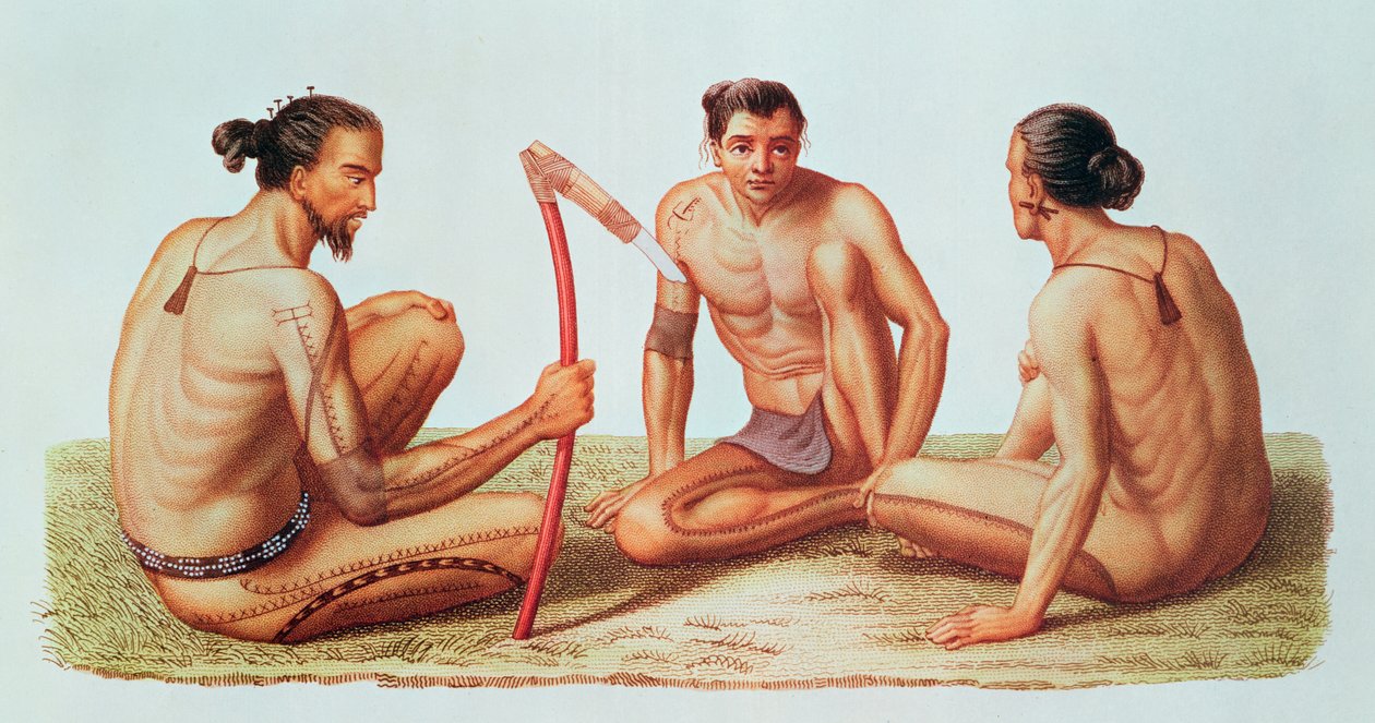 Habitantes da ilha de Oualan no arquipélago das Ilhas Carolinas de French School