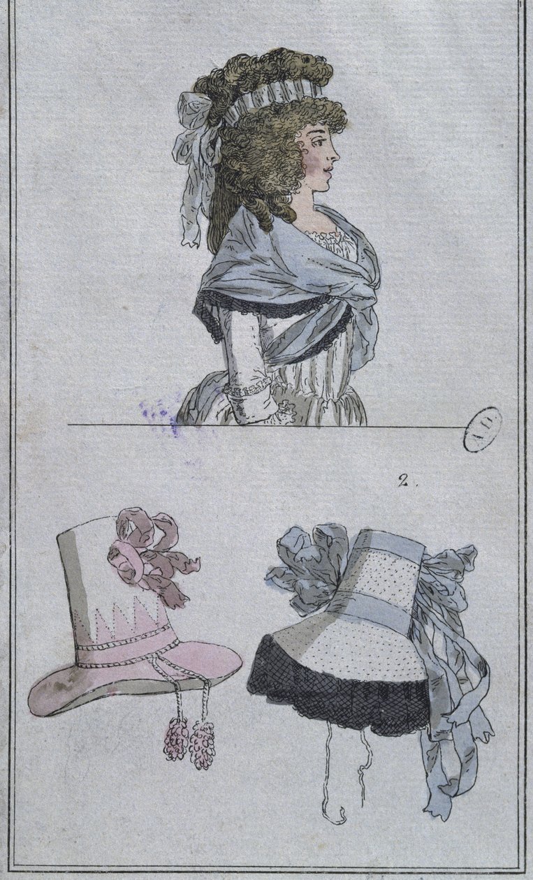 Penteado e chapéus (gravura a cores) de French School