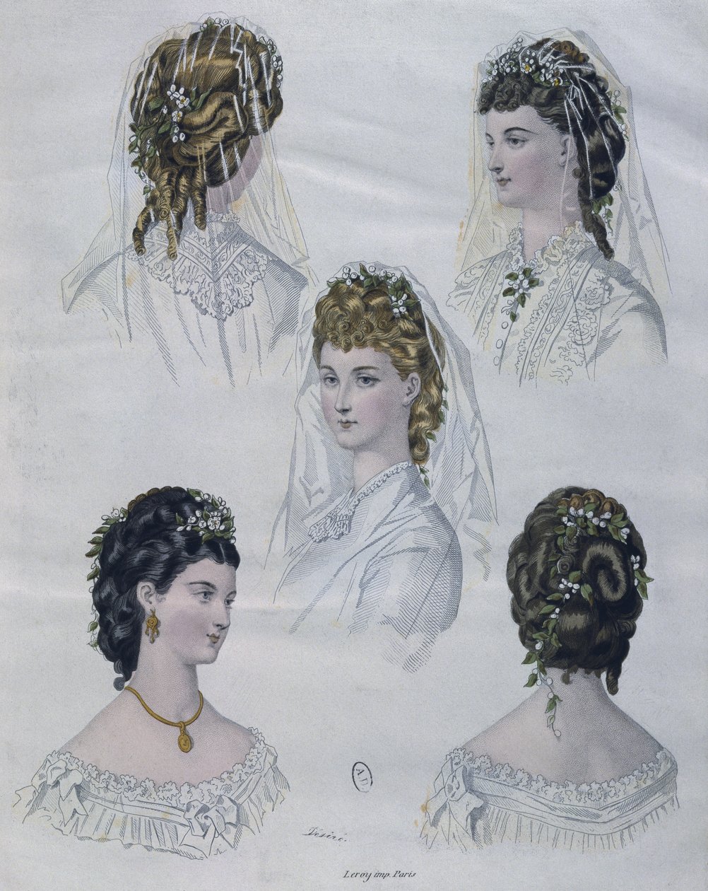 Penteados, ilustração, de, la, illustree mod, 1872, (color, engraving) de French School