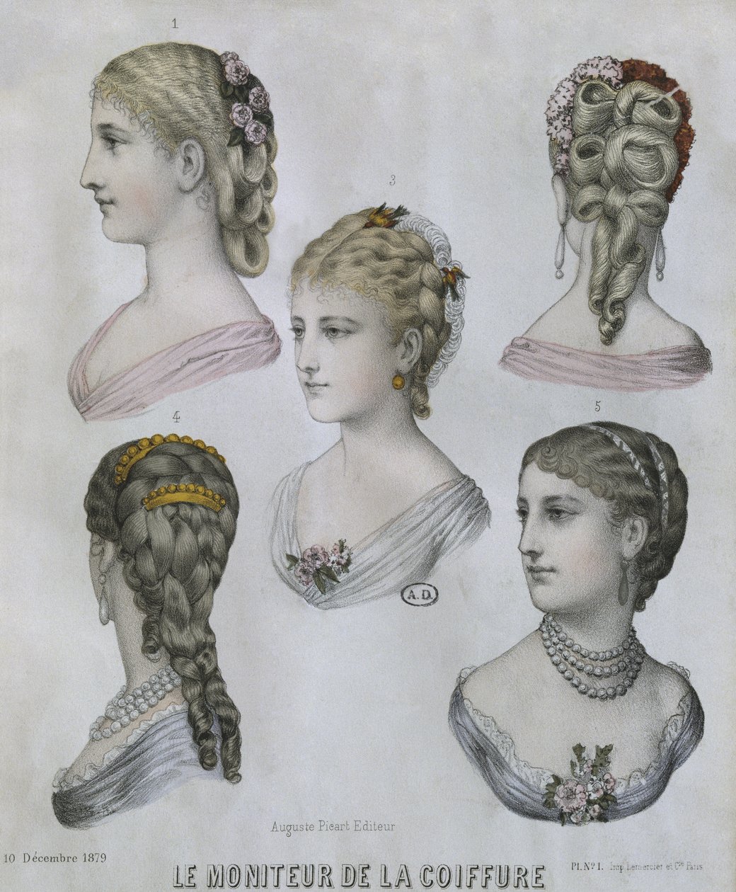 Penteados, ilustração de The Hairstylist, 10 de dezembro de 1879 (gravura a cores) de French School