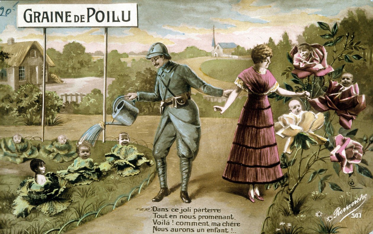 Semente Peluda: Neste adorável piso Enquanto caminhamos, Aqui está! como minha querida vamos ter um filho - Cartão postal ao nascimento, v. 1914 de French School