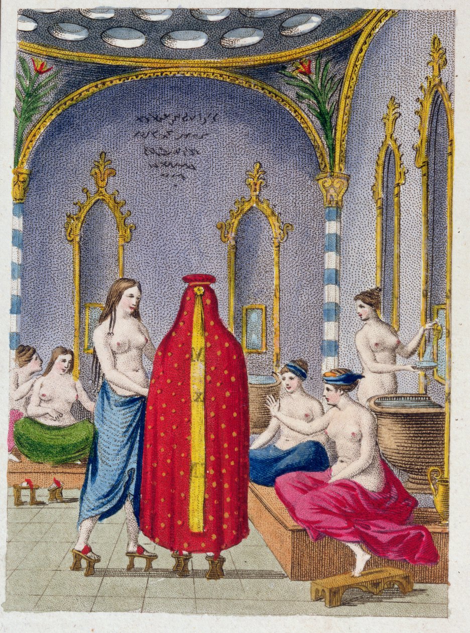 Hammam na Turquia, placa ilustrada de Moeurs, usos e trajes de otomanos por A. Castellan, Paris, c.1810 de French School