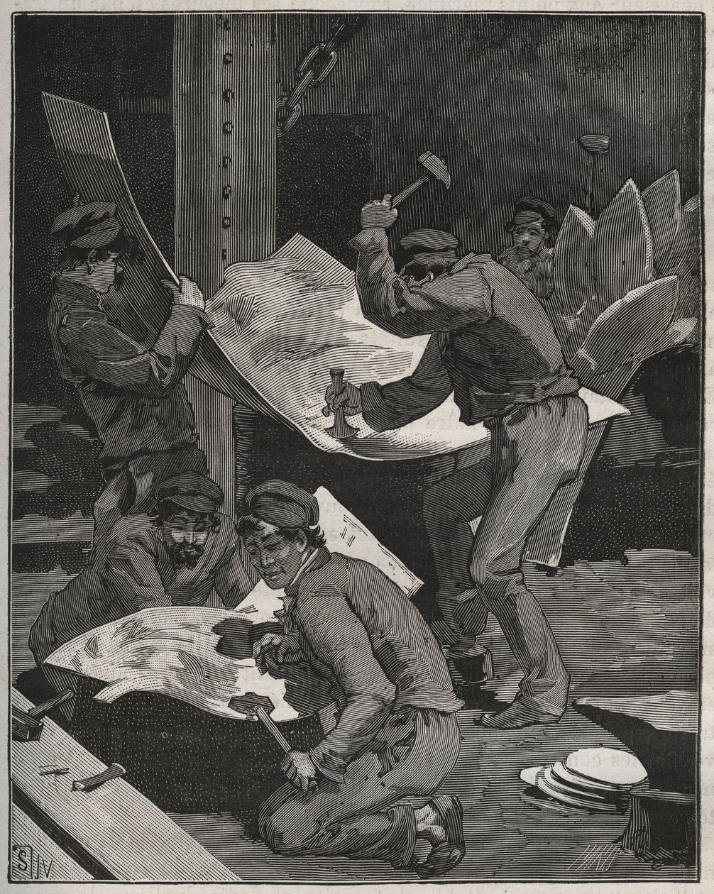 Martelagem e montagem de peças da Estátua da Liberdade feita por Frederic Auguste Bartholdi (1834-1905). Gravura a partir de 1880 em "Les arts et metiers illustres" de Adolphe BITARD. de French School