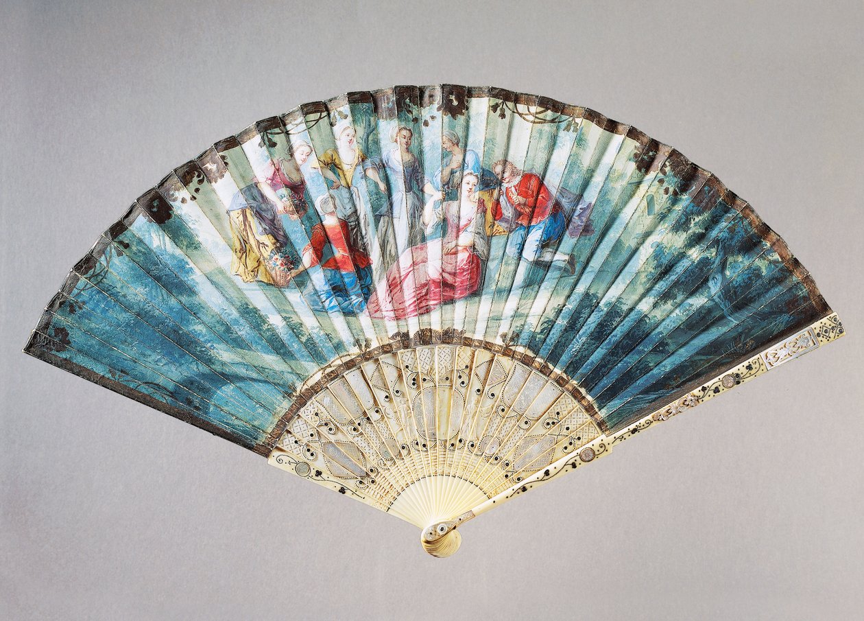 Ventilador de mão representando Dança e brincadeira, couro de cisne com pau de guarda em marfim com mãe de pérola de French School