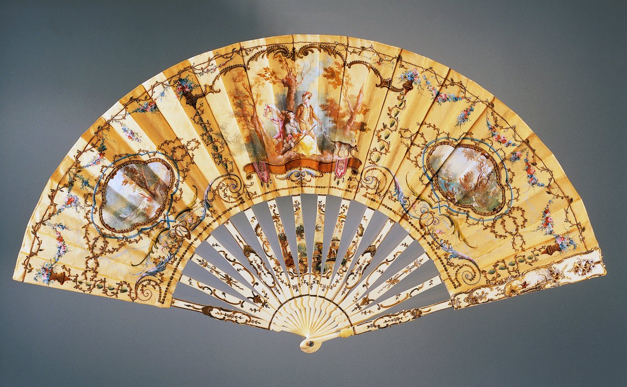Ventilador manual retratando Descanso durante a caçada, pintura de seda e osso, criado por Felix Alexandre, Paris, ca 1870, França de French School