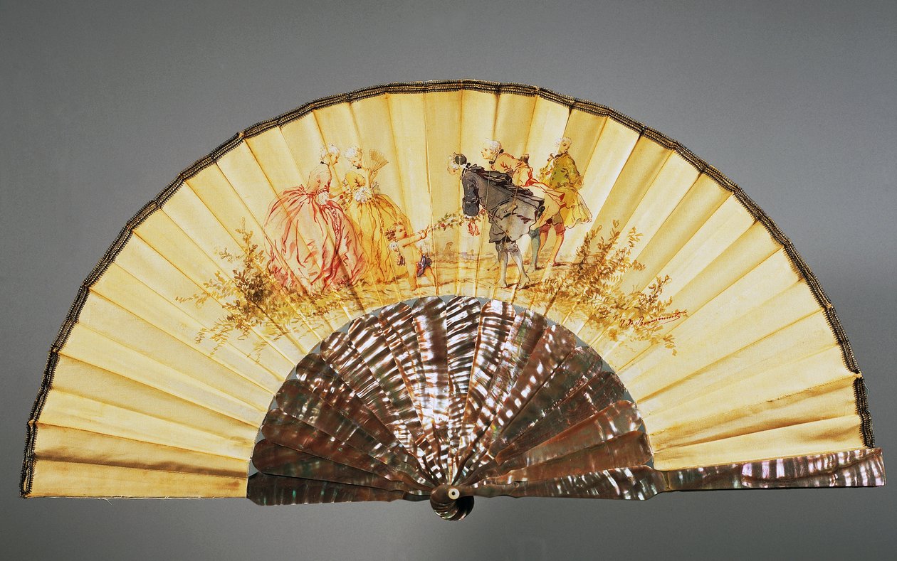 Fã de mão representando Reverence, de E De Beaumont, aguarela sobre seda e madrepérola criada por Felix Alexandre, Paris de French School