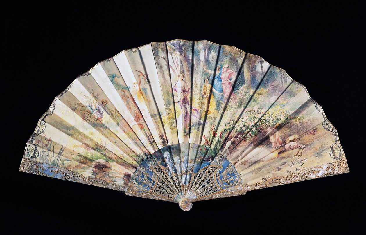 Ventilador manual retratando a Primavera ou o Florescimento do amor, papel coberto pintado com pau de guarda de pérolas branco gravado, 35,5 cm, assinado por Adolphe Faugeron, França de French School