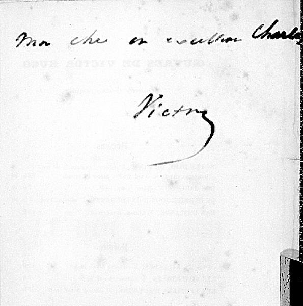 Assinatura manuscrita de Victor Hugo (1802-85) numa página do seu livro 