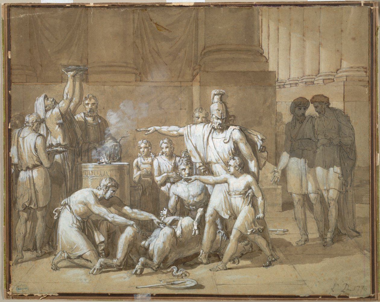 Hannibal Swearing Eternal Enmity toward Rome, c. 1808 (caneta e tinta com aguada sobre grafite) de French School