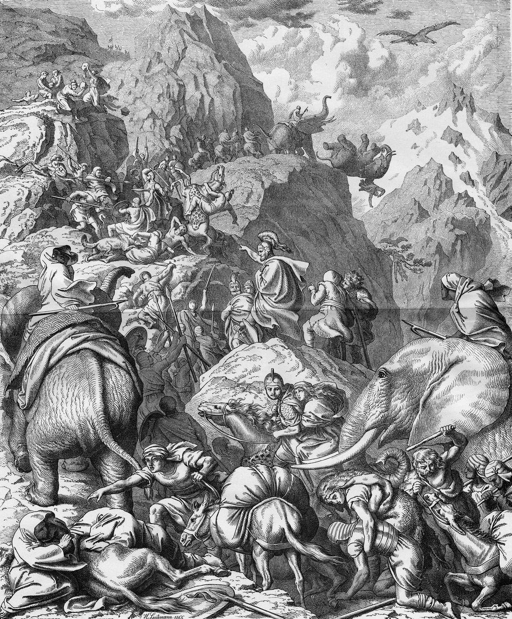 Hannibal cruzando os Alpes com elefantes para chegar na Itália (II Guerra Púnica). Gravura do século XIX. de French School