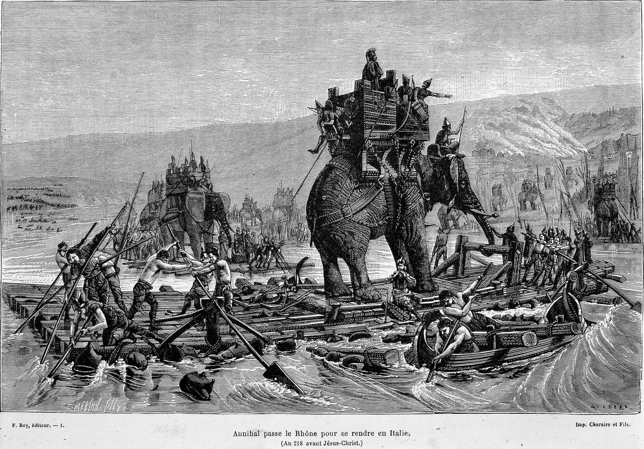 Hannibal passa o Ródano para a Itália (ano 218 a.C.) - em "França e os franceses ao longo dos séculos". de French School