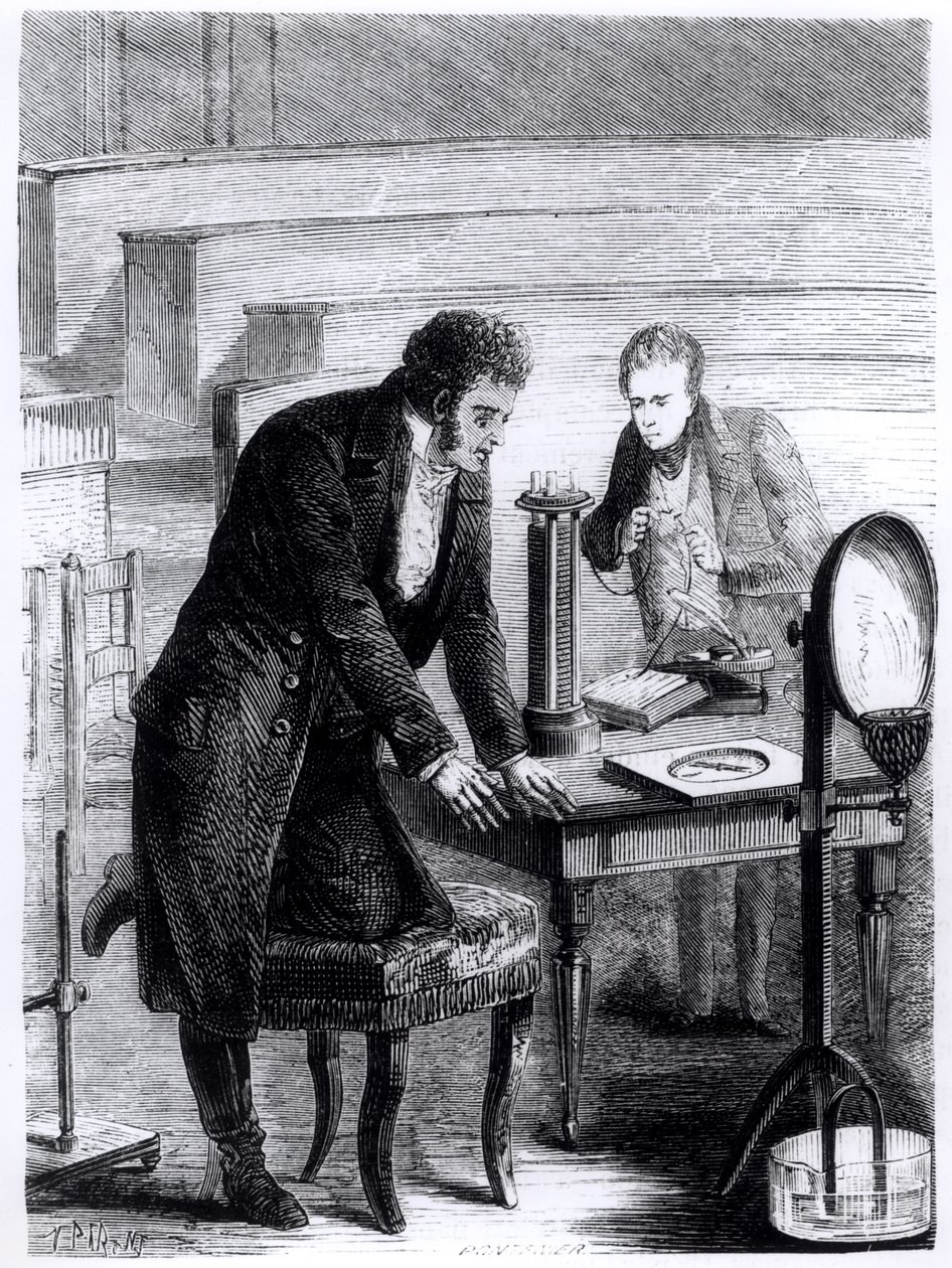 Hans Christian Oersted (1777-1851) descobrindo o desvio da agulha magnética por corrente fechada em 1820, de Les Merveilles de la Science por Louis Figuier (1819-94), 1867 de French School