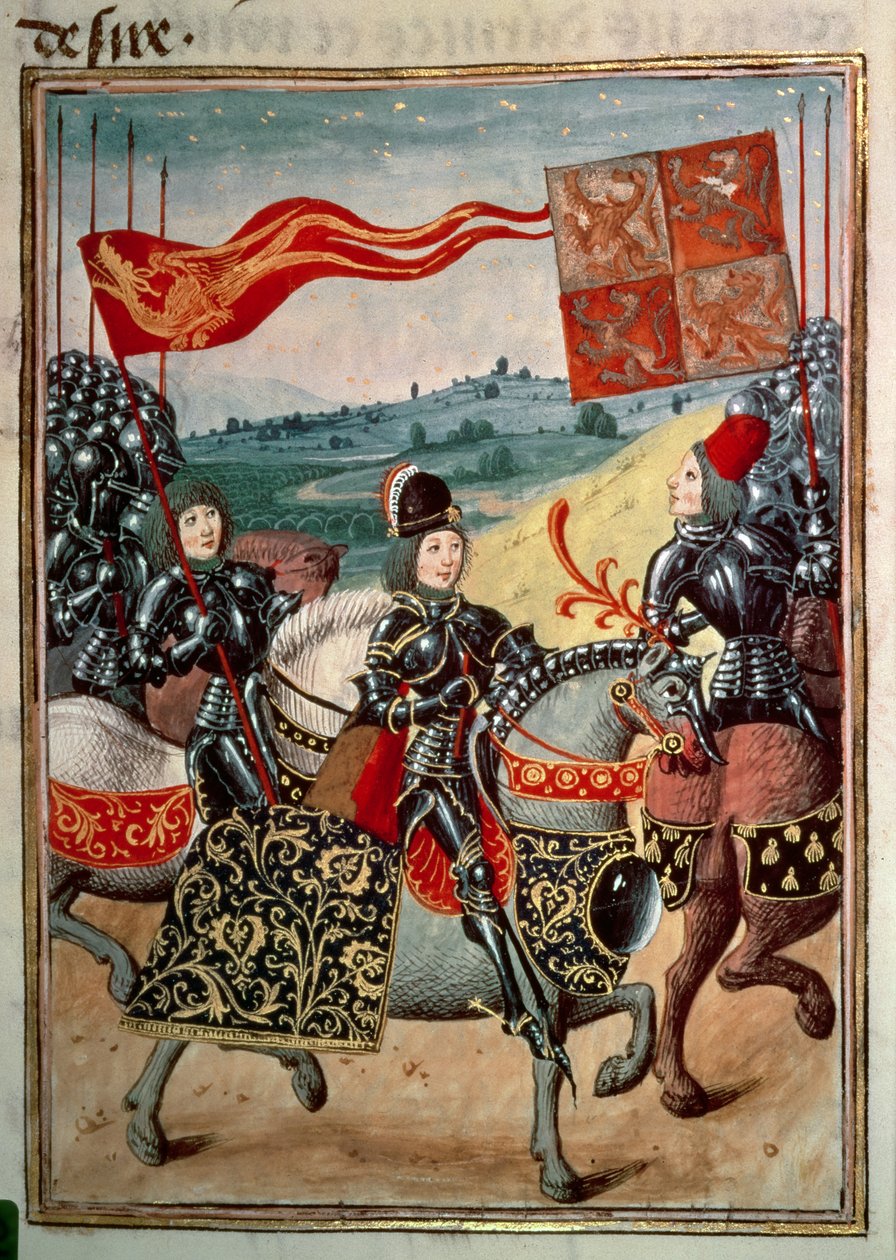 Harl 4379 f.113 Cavaleiro e dois atendentes montados com exército, Volume IV, de 