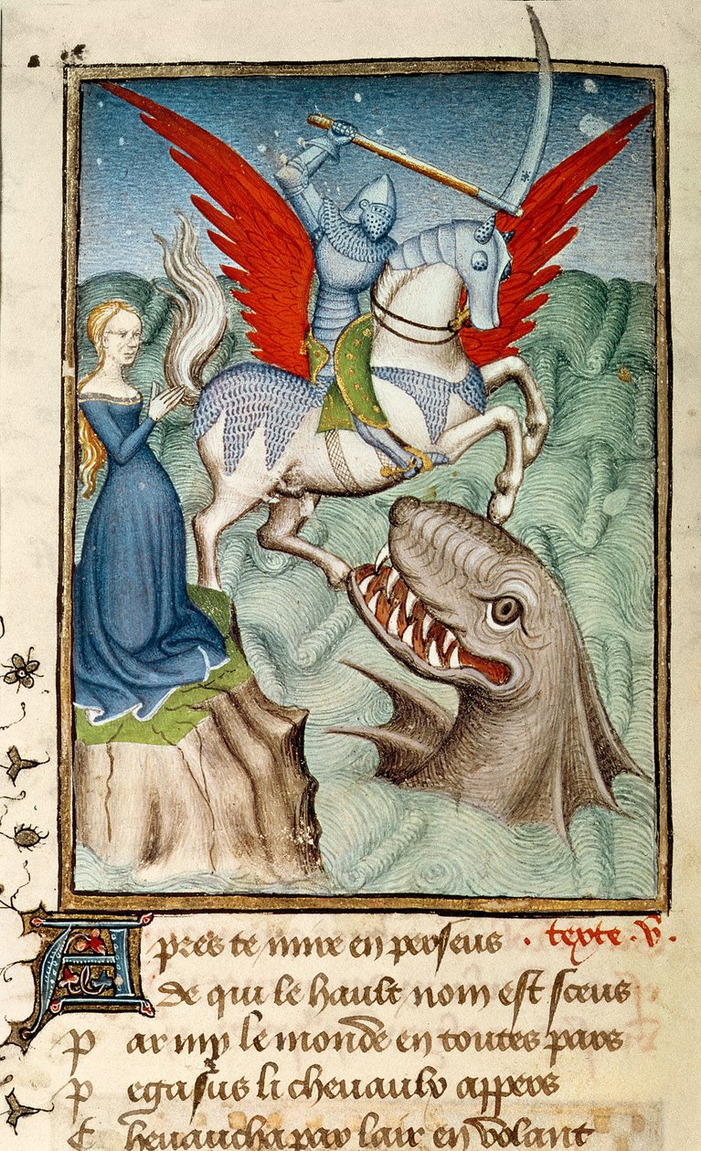 Harl 4431 f. 98v Andrômeda resgatada do monstro por Perseu montando Pégaso, cópia parisiense, c.1410-11 (velino) de French School
