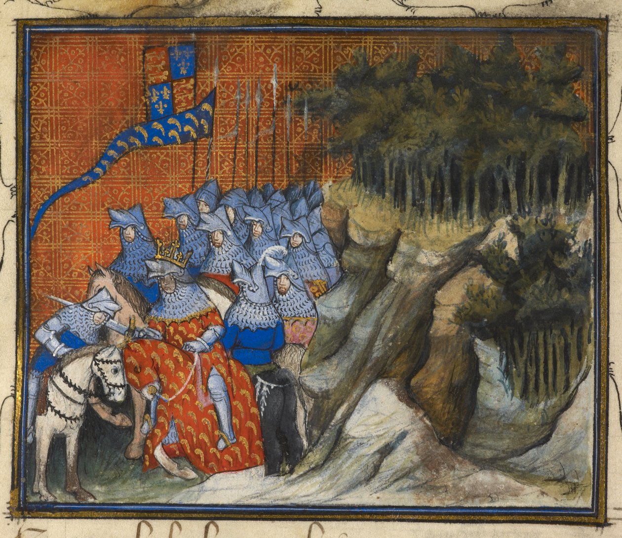 Harley 1319 f. 5, Rei Ricardo II Cavaleiros Henrique de Monmouth durante a campanha irlandesa, do Livro da Captura e da Morte do Rei Ricardo II (vellum) de French School