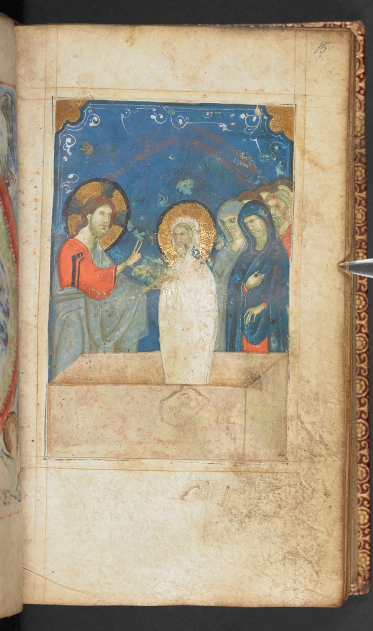 Harley 2928, f.15r, Ressurreição de Lázaro, Cena do Evangelho de São João (velino) de French School