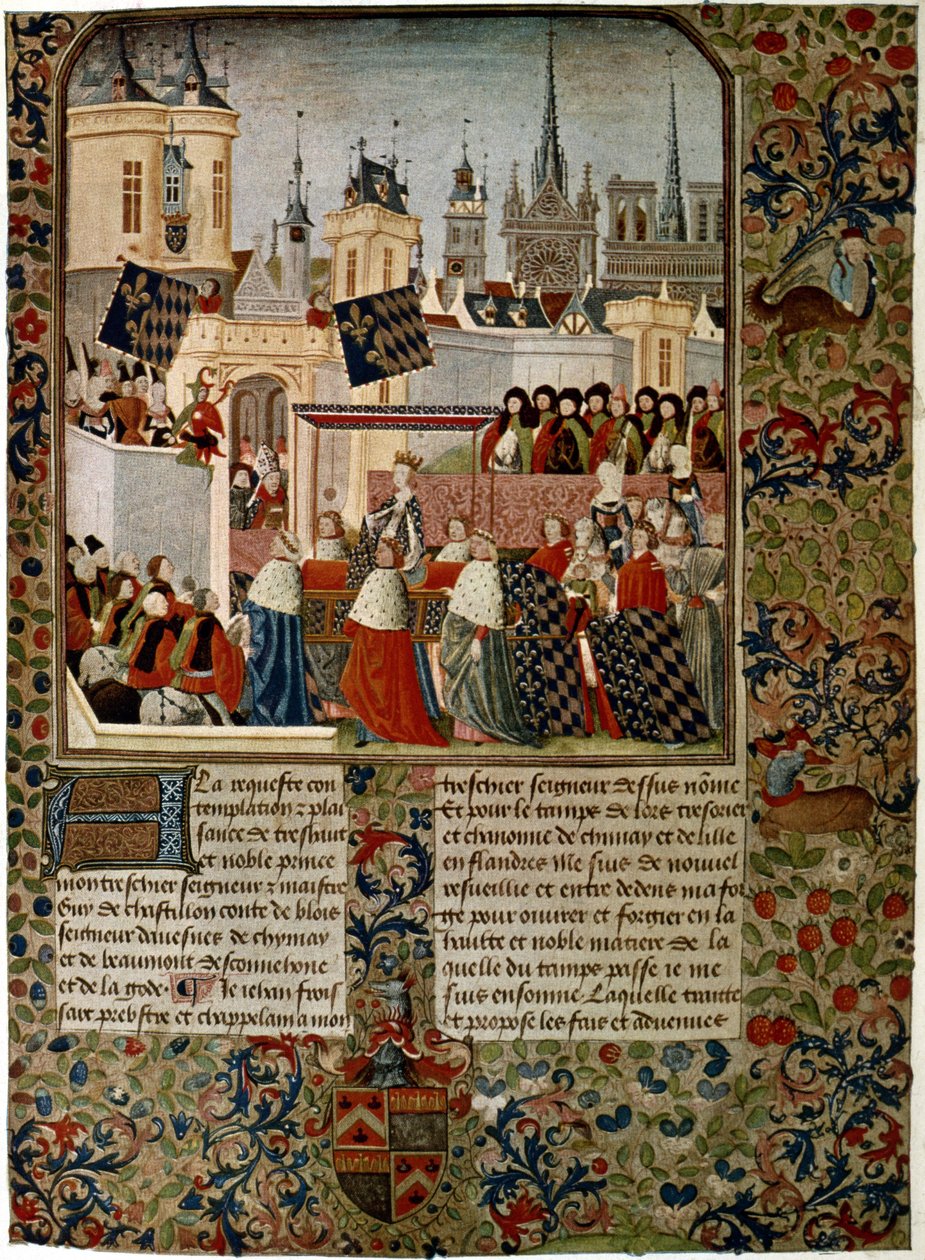 Harley 4379 f.3 Entrada da Rainha Isabel, ex-consorte de Eduardo II (1284-1327) em Paris em 1325, executada por Jean Froissart (c.1333-c.1404) para o historiador Philippe de Comines (1445-1509) ( velino) de French School