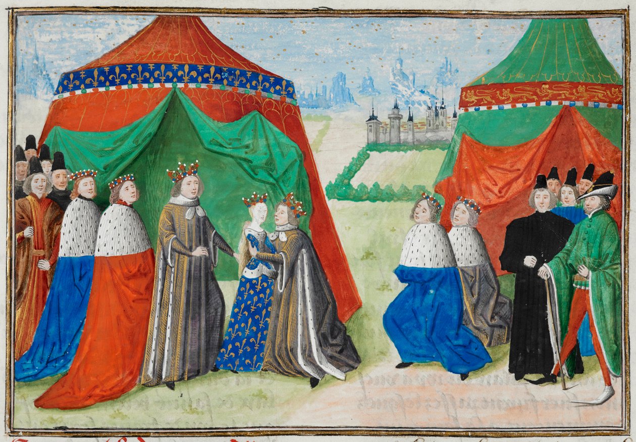 Harley 4380, fol.89 Richard II conhece a sua noiva filha, Isabel de França, das Crónicas de Froissart de French School